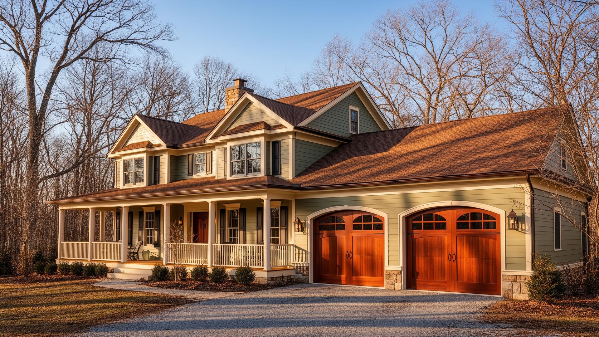 Beautiful farmhouse with elegant mahogany wood garage doors featuring arched windows in Minneola FL