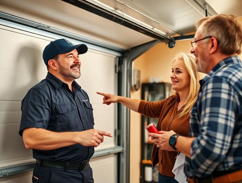 Garage Door Minneola technician explaining repair options to homeowner in Minneola FL